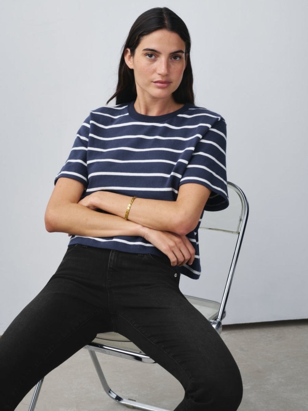 AYR The Practice Tee Dime Knit Short Sleeved Tee Shirt - Navy White Stripe - XL - Picture 11 of 14